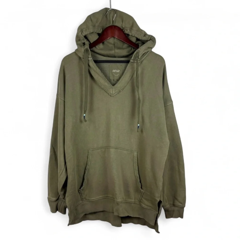 Aerie Barefoot Hoodie Oversized V Neck Green Sweatshirt Sweater Distressed XS - Picture 2 of 8